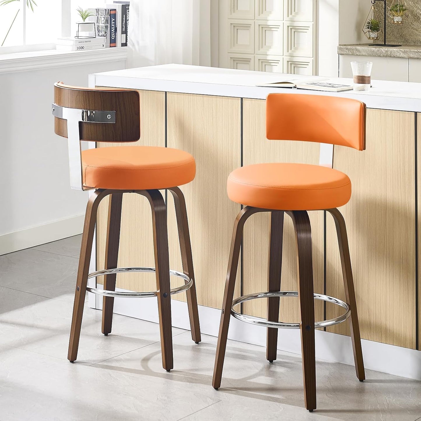 White Swivel Counter Stools Set of 2 Walnut Kitchen Island Chairs
