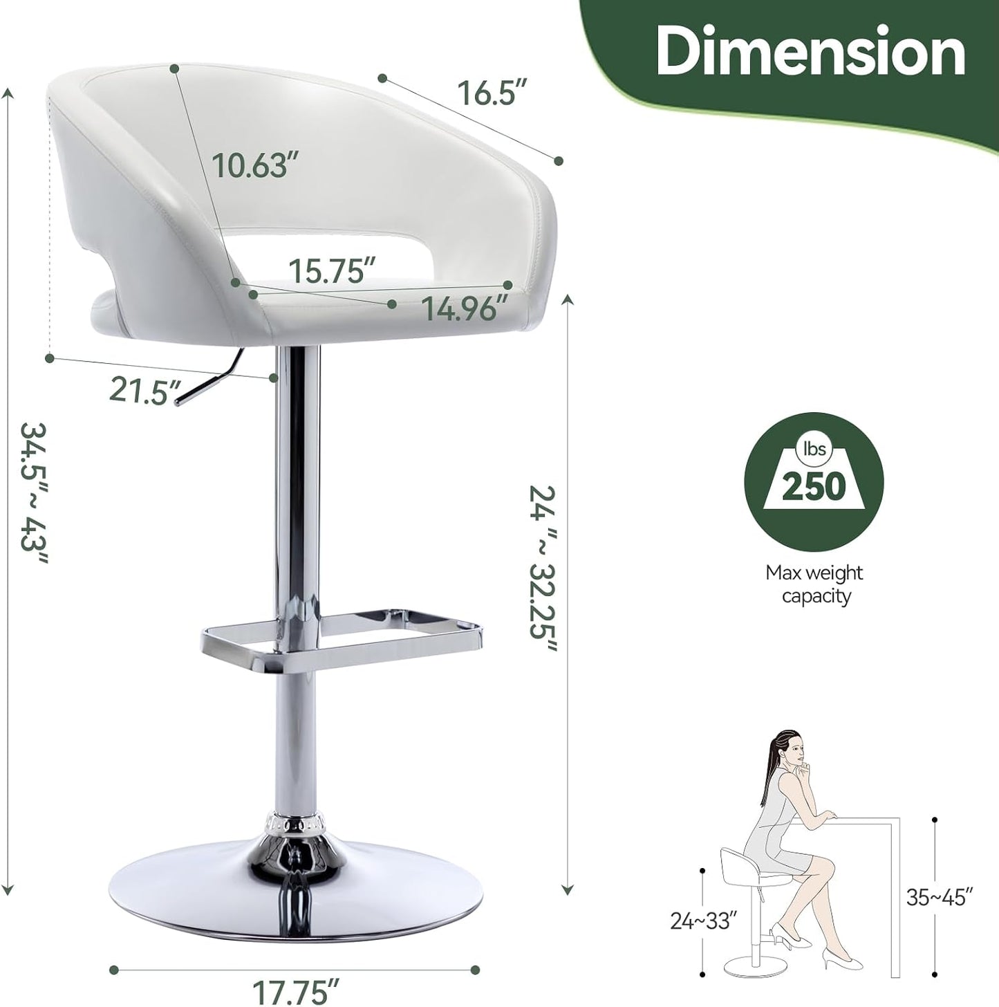Black Adjustable Swivel Bar Stool Modern Faux Leather Counter Height Chair