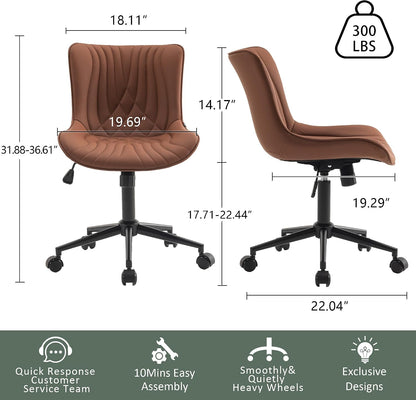 Brown Faux Leather Office Chair Adjustable Swivel Rolling Armless Desk Chair