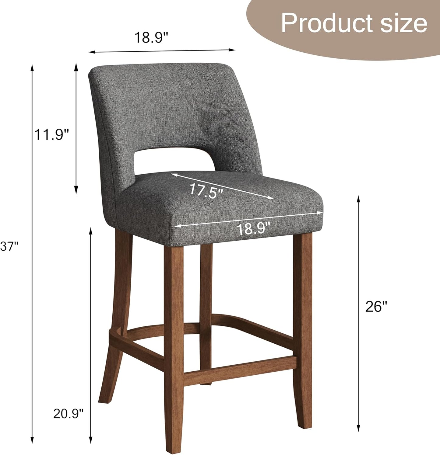 26 Inch Green Upholstered Counter Height Bar Stools Rubberwood Set of 2