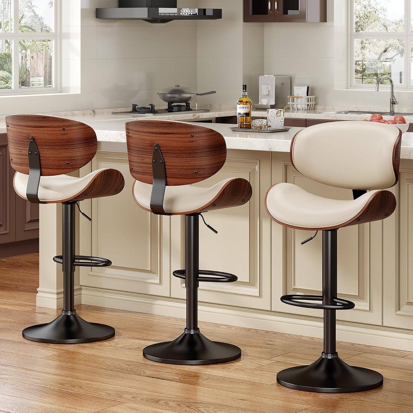 Adjustable Swivel Bar Stool Black PU Leather Walnut Bentwood Counter Chair