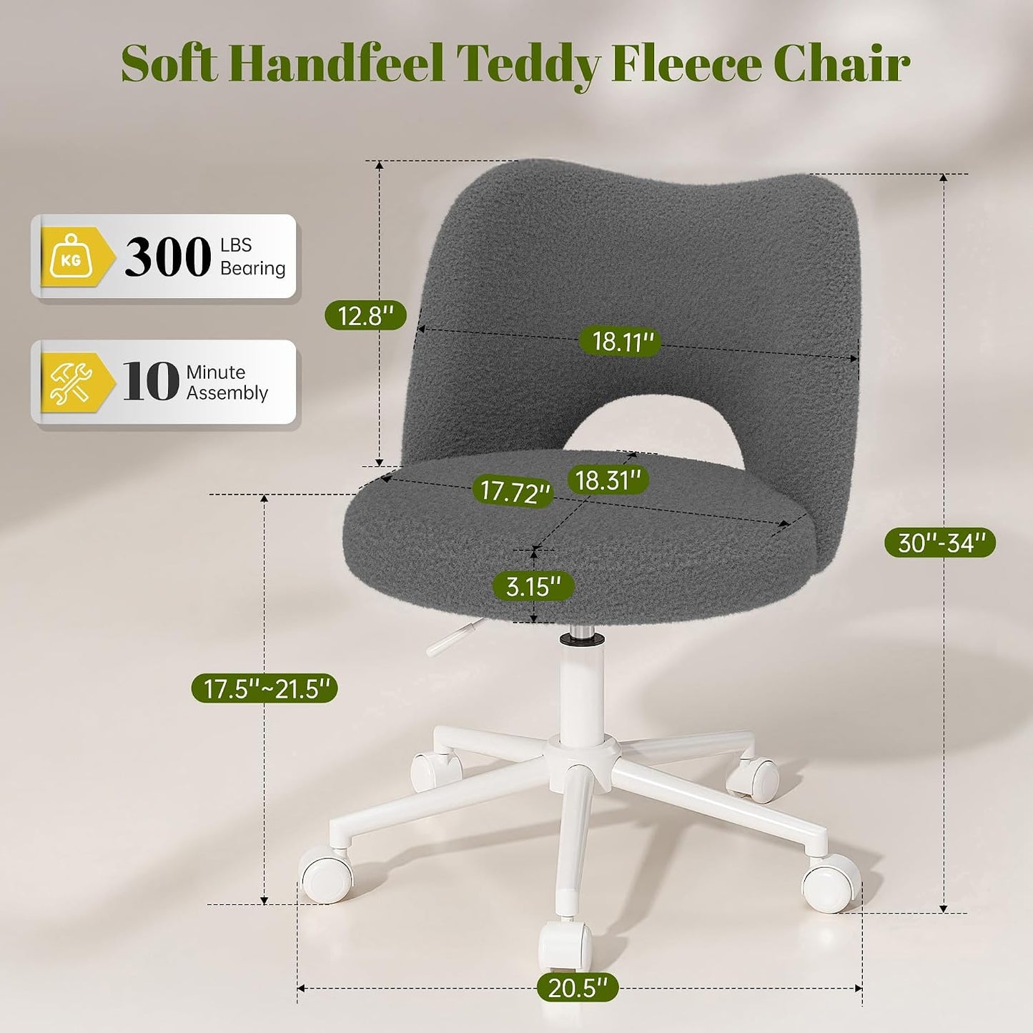 White Teddy Vanity Chair Armless Adjustable Swivel Desk Chair with Wheels
