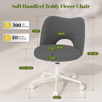 White Teddy Vanity Chair Armless Adjustable Swivel Desk Chair with Wheels