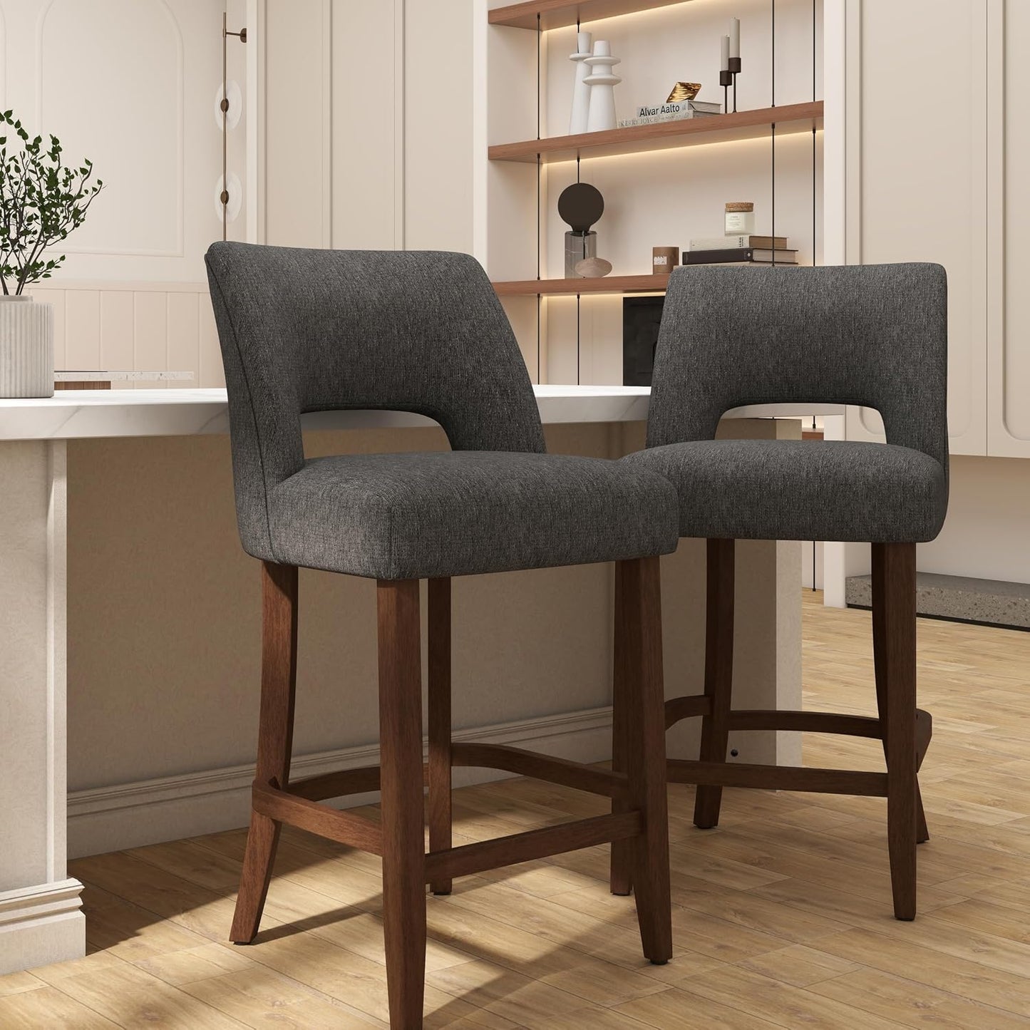 26 Inch Green Upholstered Counter Height Bar Stools Rubberwood Set of 2