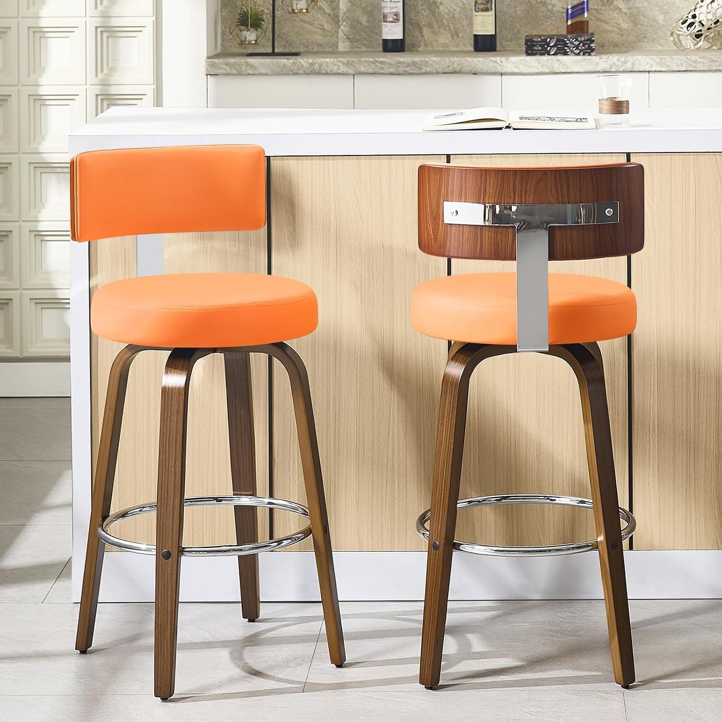White Swivel Counter Stools Set of 2 Walnut Kitchen Island Chairs