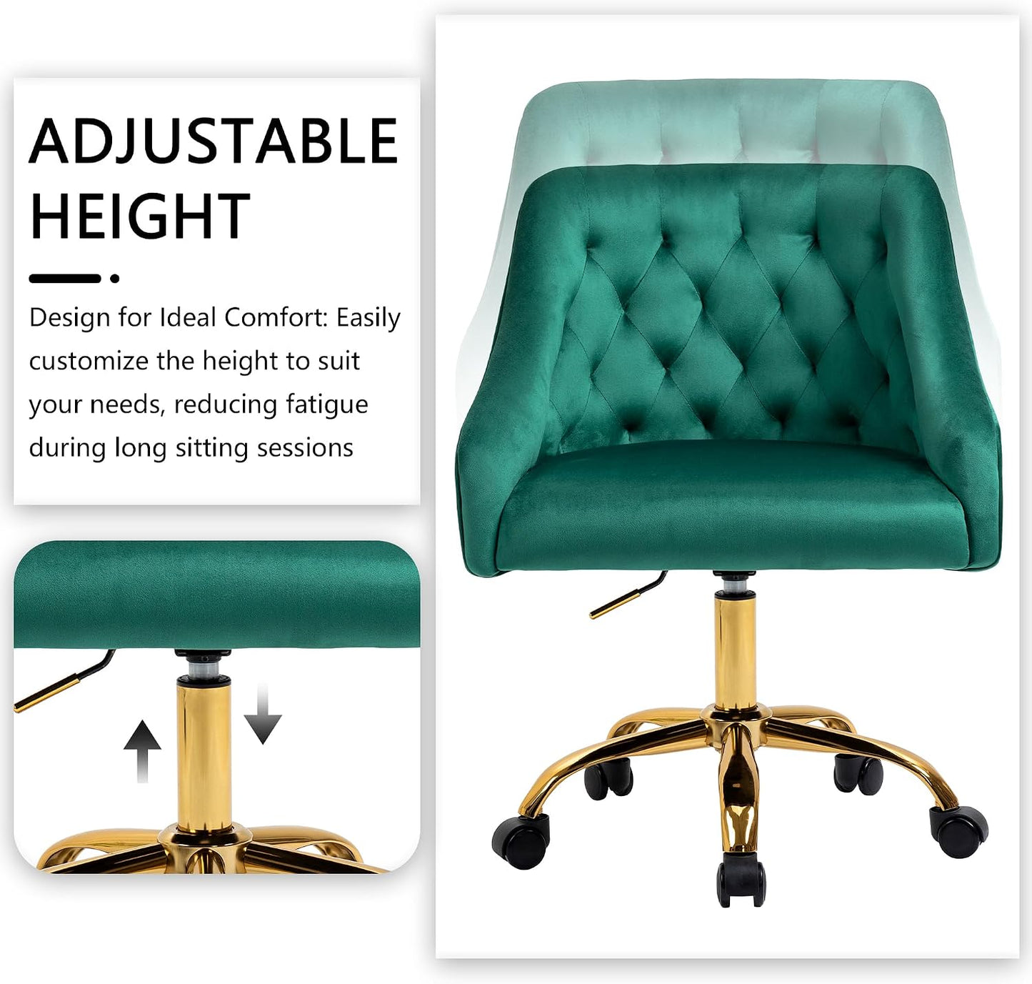 Ivory Velvet Office Chair Tufted Adjustable Swivel Vanity Chair with Wheels