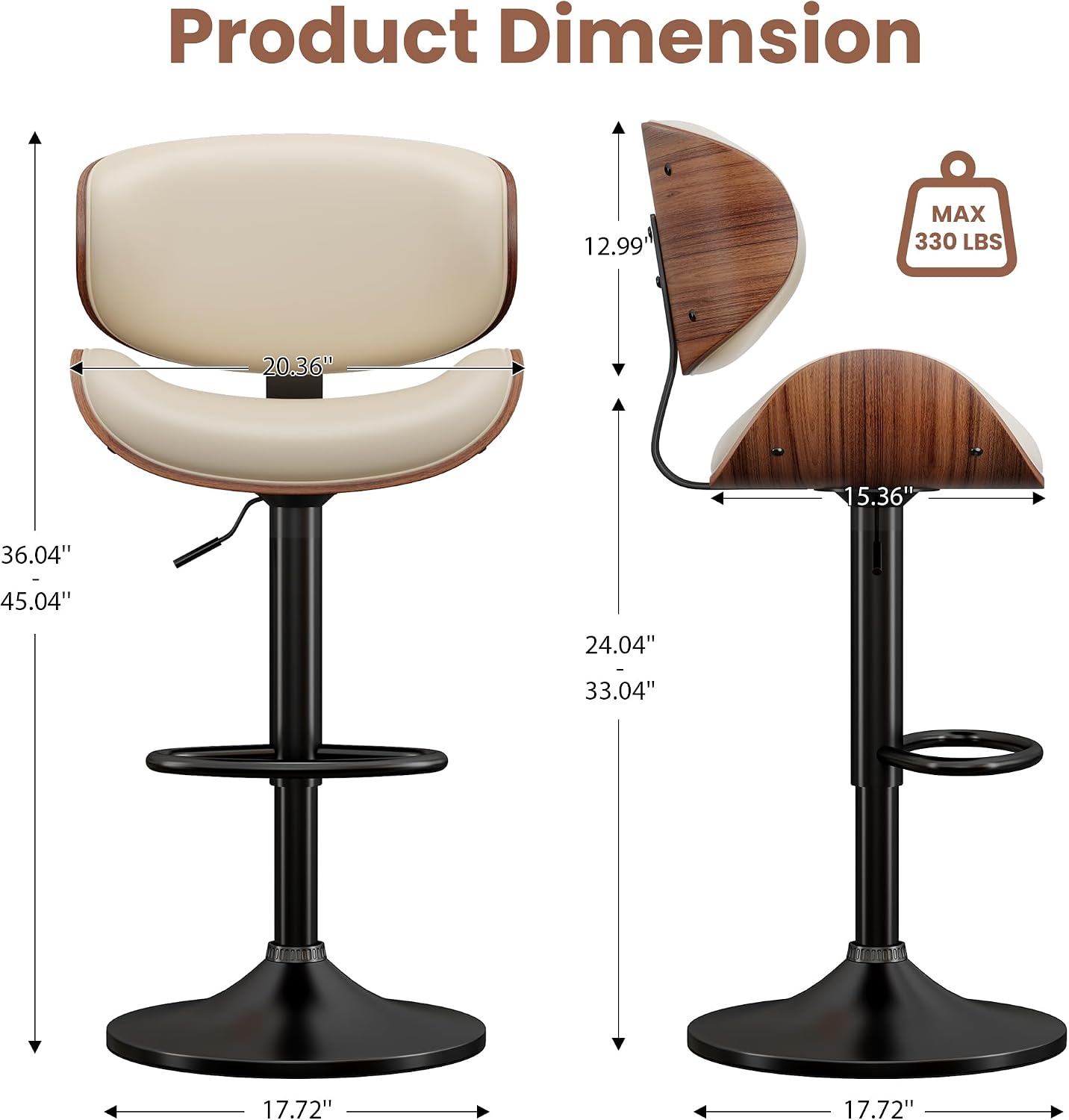 Adjustable Swivel Bar Stool Black PU Leather Walnut Bentwood Counter Chair
