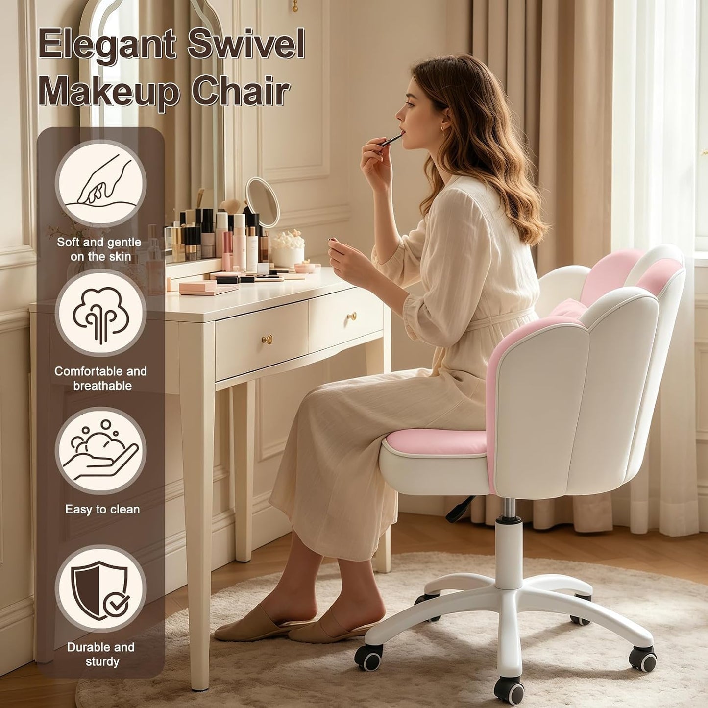 Purple Velvet Petal Vanity Chair Swivel Rolling Desk Chair with Bow Cushion