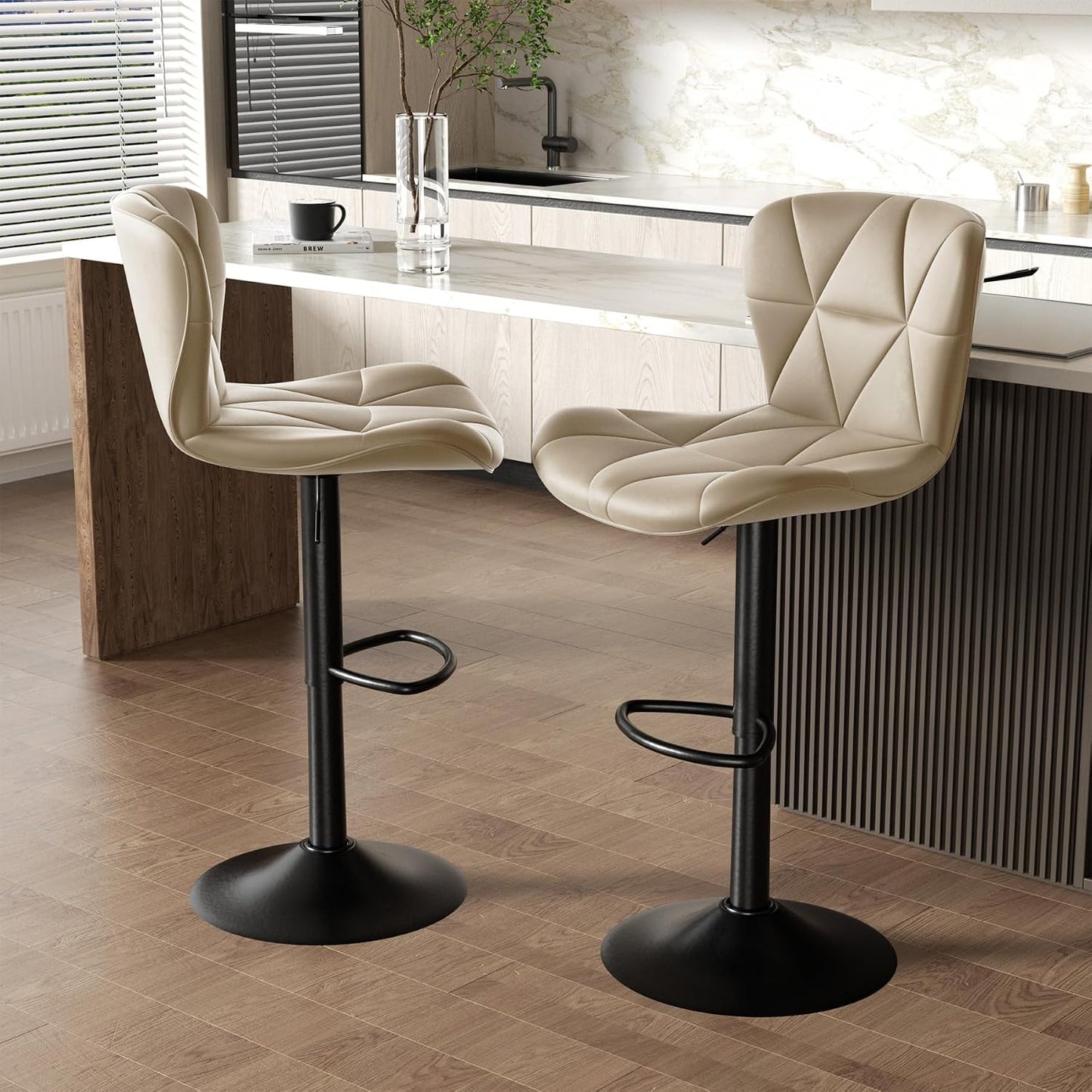 Black Swivel Bar Stools Set of 2 Adjustable Faux Leather Kitchen Chairs
