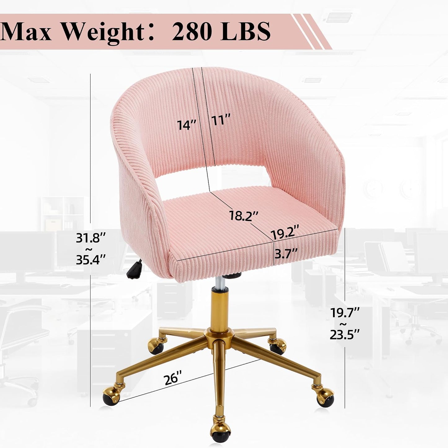 Red Velvet Swivel Desk Chair Adjustable Vanity Chair with Gold Base and Wheels
