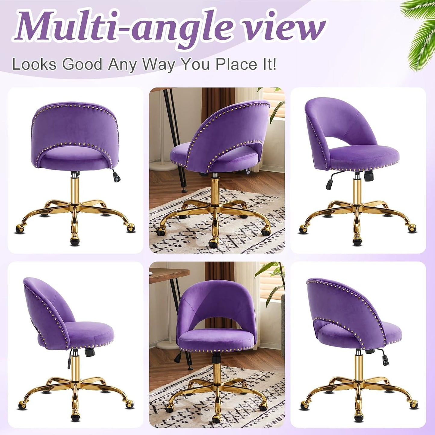 Navy Blue Velvet Office Chair Gold Swivel Rolling Vanity Desk Chair