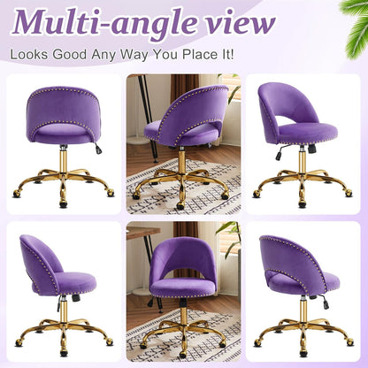 Navy Blue Velvet Office Chair Gold Swivel Rolling Vanity Desk Chair