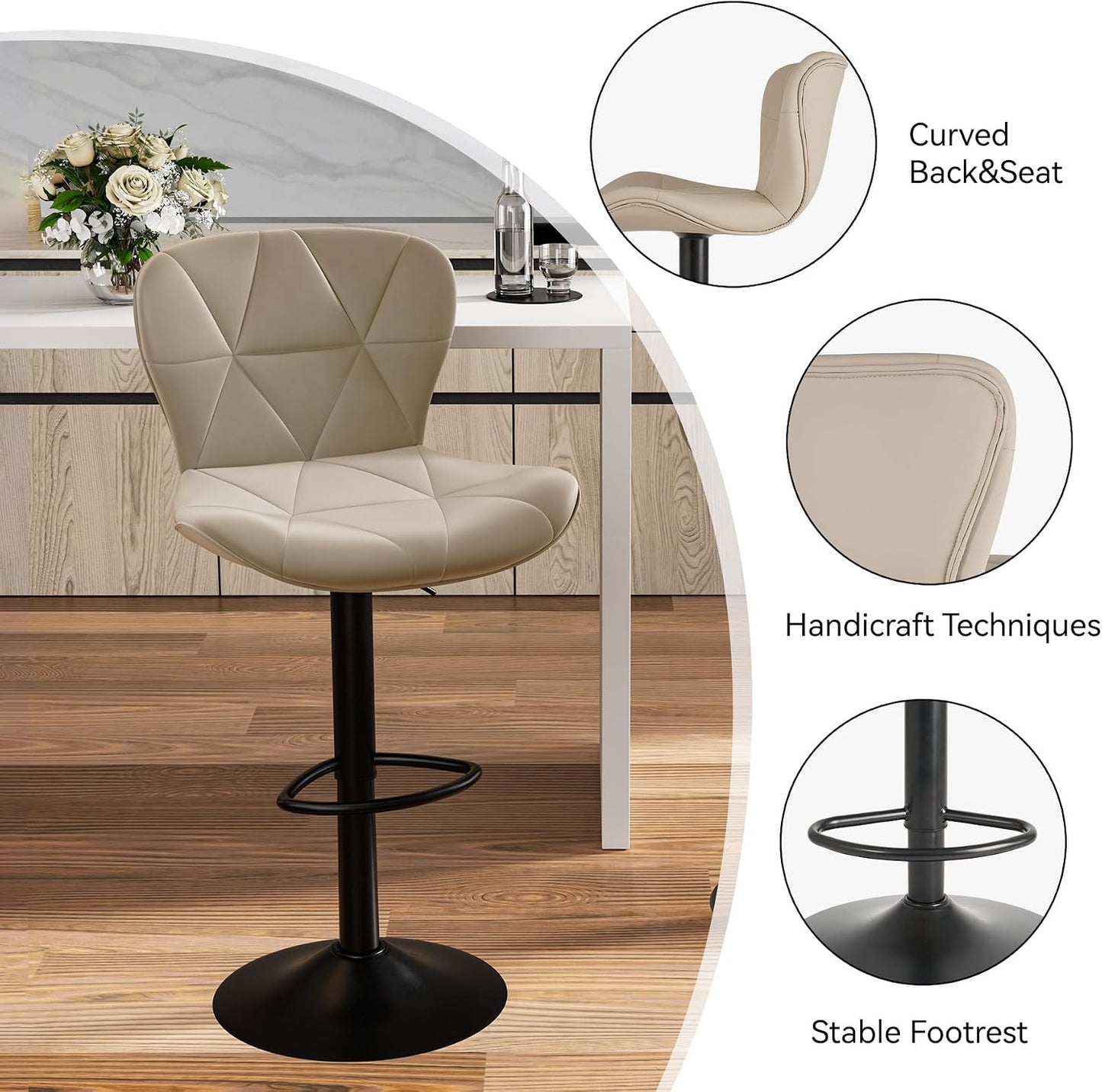Black Swivel Bar Stools Set of 2 Adjustable Faux Leather Kitchen Chairs