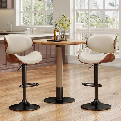 Adjustable Swivel Bar Stool Black PU Leather Walnut Bentwood Counter Chair