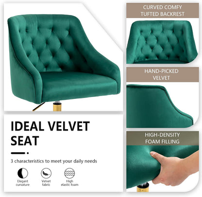 Ivory Velvet Office Chair Tufted Adjustable Swivel Vanity Chair with Wheels