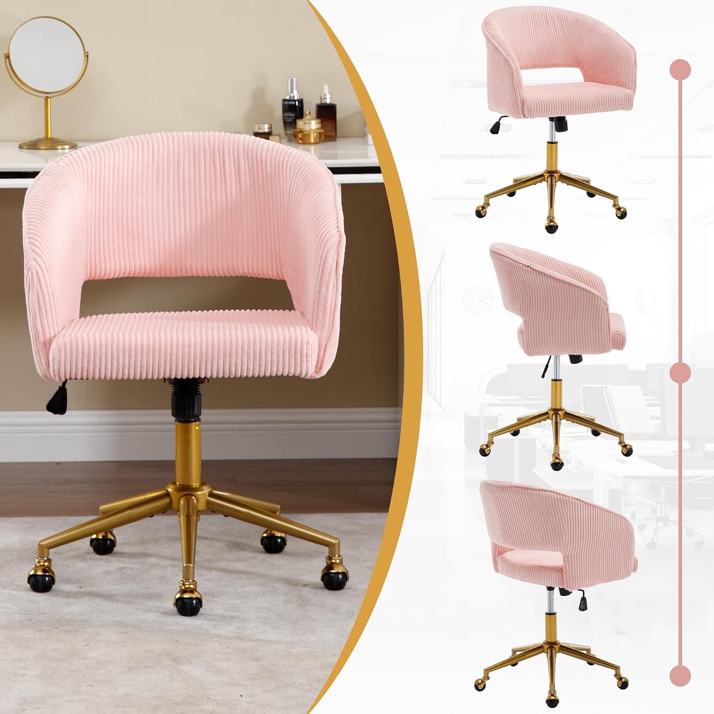 Red Velvet Swivel Desk Chair Adjustable Vanity Chair with Gold Base and Wheels