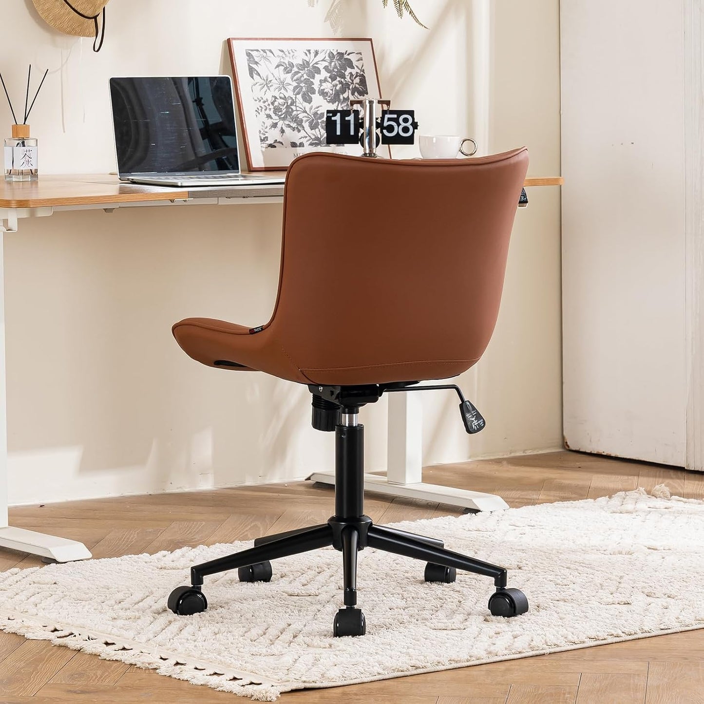 Brown Faux Leather Office Chair Adjustable Swivel Rolling Armless Desk Chair