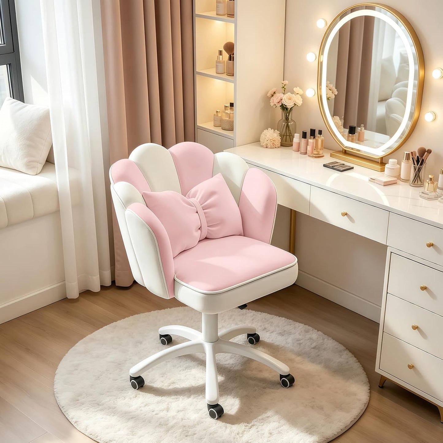 Purple Velvet Petal Vanity Chair Swivel Rolling Desk Chair with Bow Cushion