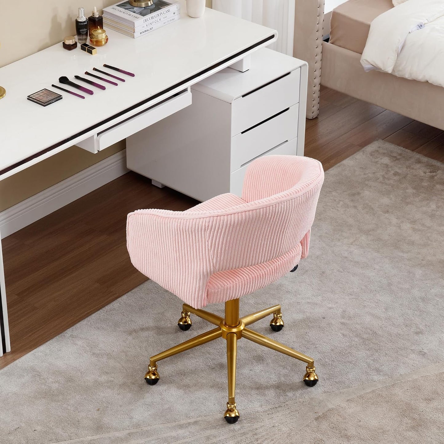Red Velvet Swivel Desk Chair Adjustable Vanity Chair with Gold Base and Wheels
