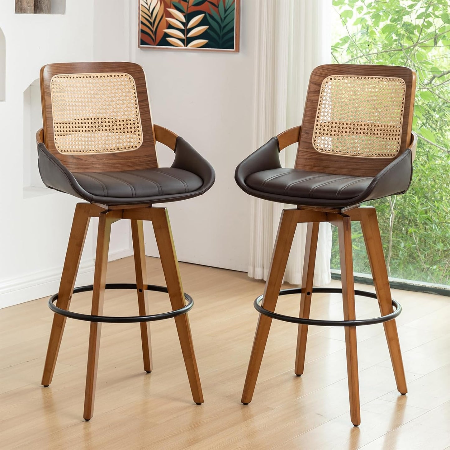 Walnut Cane Swivel Counter Stool with Arms Black Faux Leather Seat