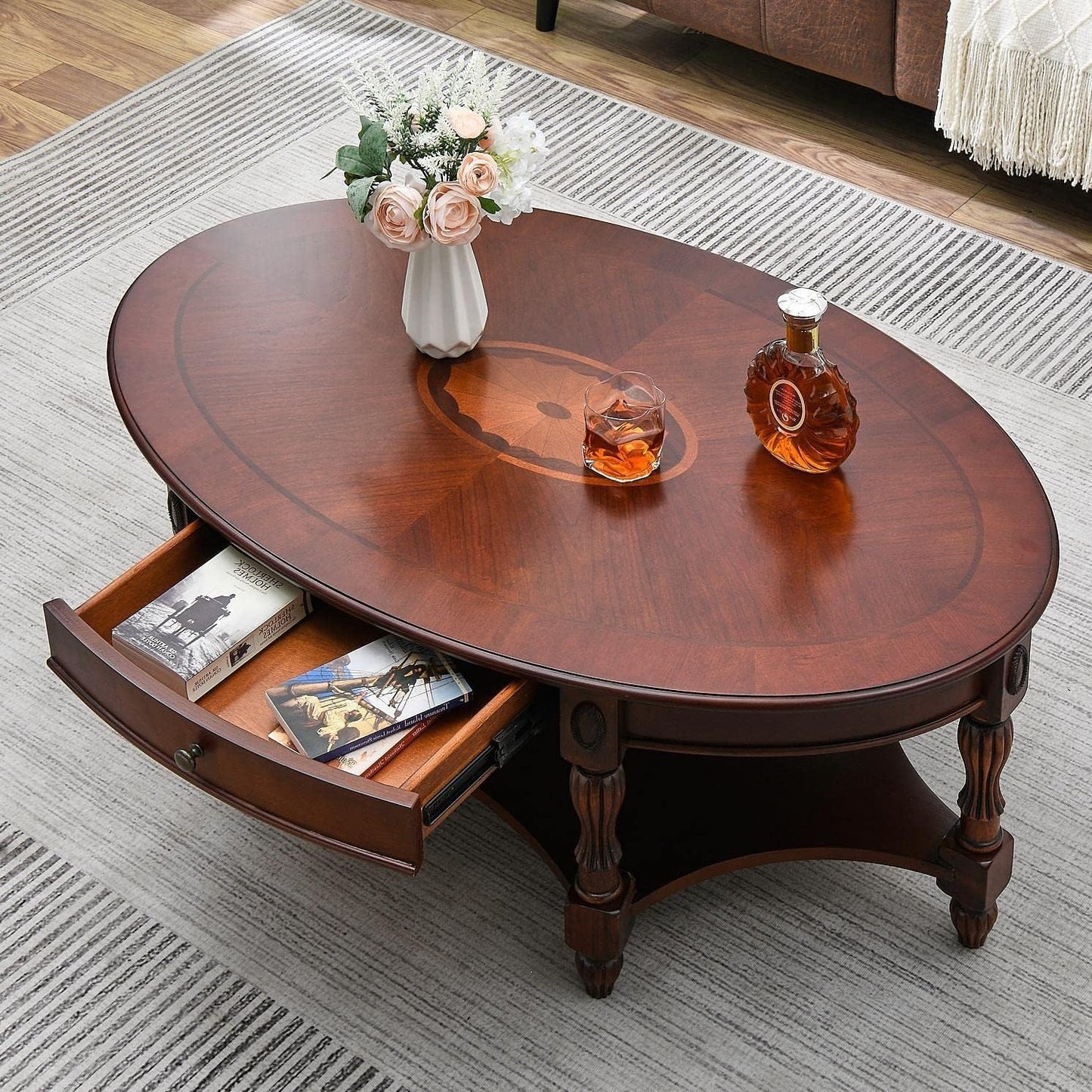 Vintage Oval Solid Wood Coffee Table with Drawer &amp; Storage Shelf