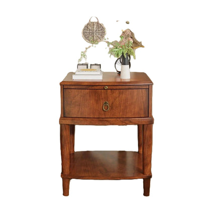 Vintage Solid Wood End Table with Drawer, Sliding Shelf & Lower Storage