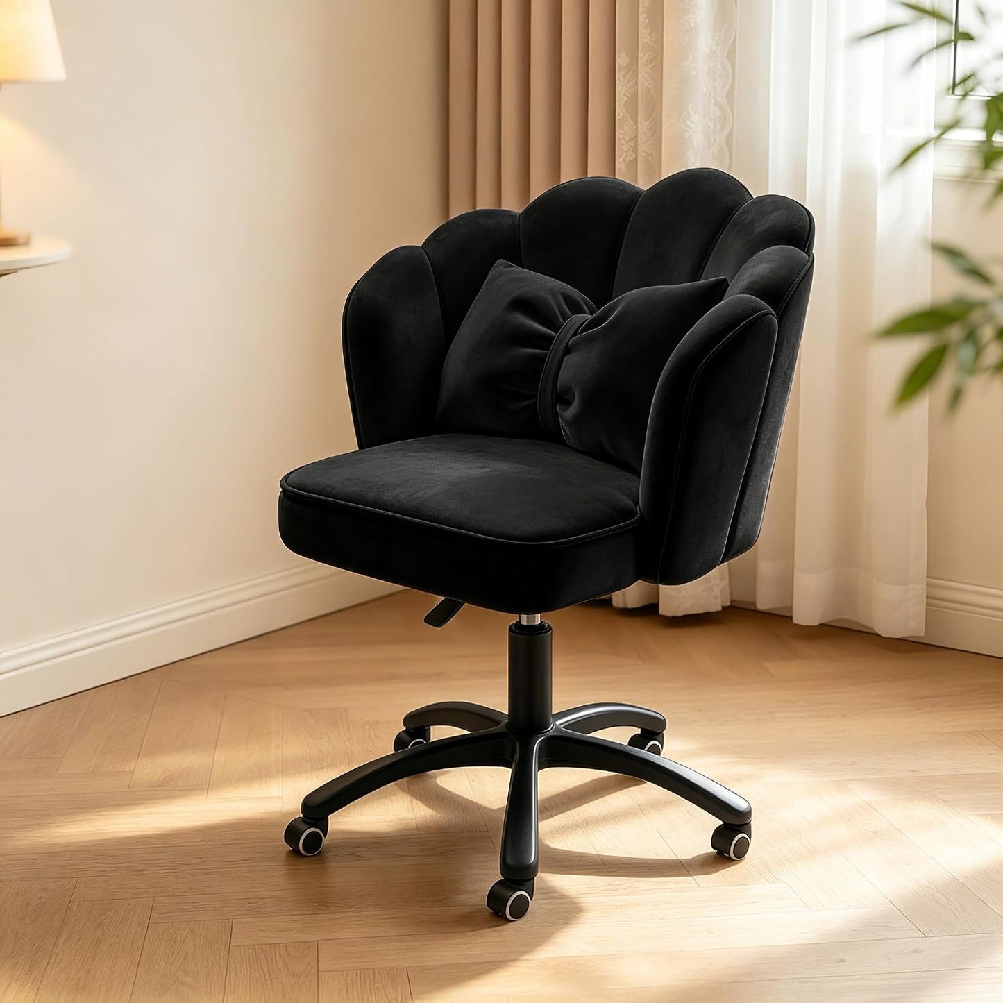 Purple Velvet Petal Vanity Chair Swivel Rolling Desk Chair with Bow Cushion
