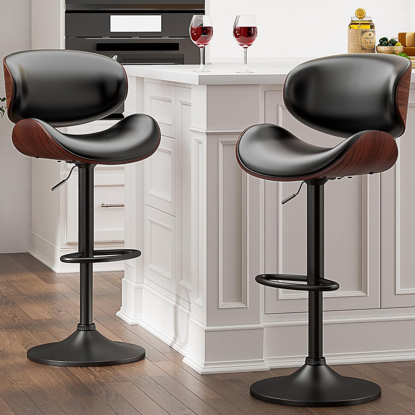 Adjustable Swivel Bar Stool Black PU Leather Walnut Bentwood Counter Chair