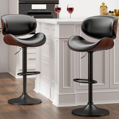 Adjustable Swivel Bar Stool Black PU Leather Walnut Bentwood Counter Chair