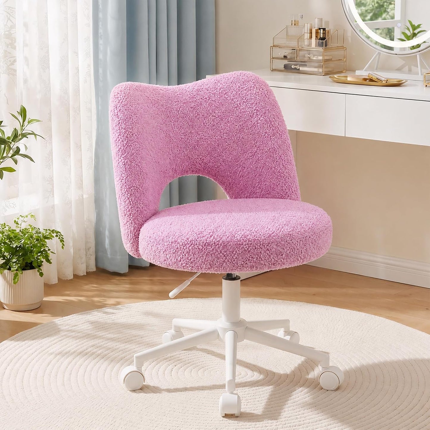 White Teddy Vanity Chair Armless Adjustable Swivel Desk Chair with Wheels