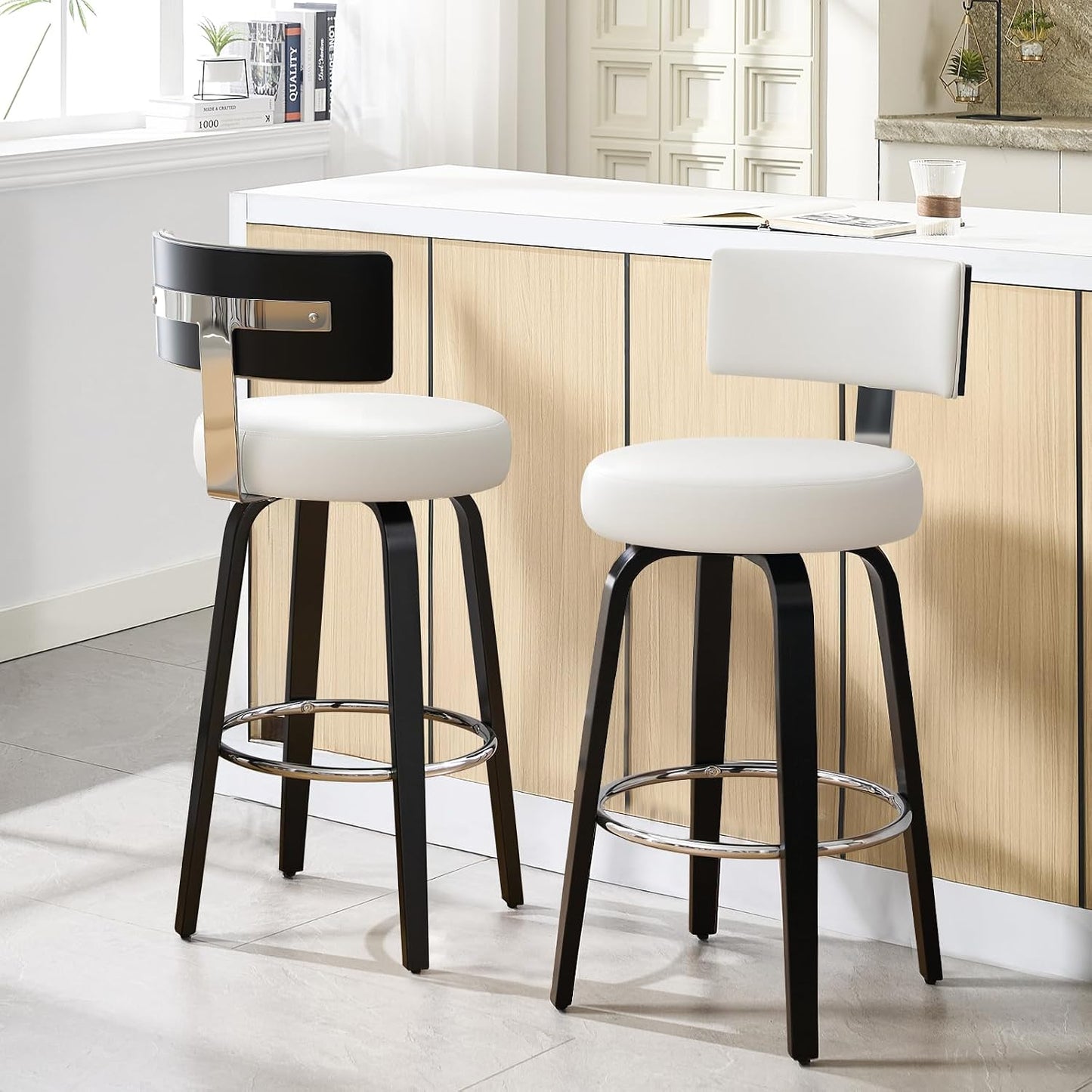 White Swivel Counter Stools Set of 2 Walnut Kitchen Island Chairs