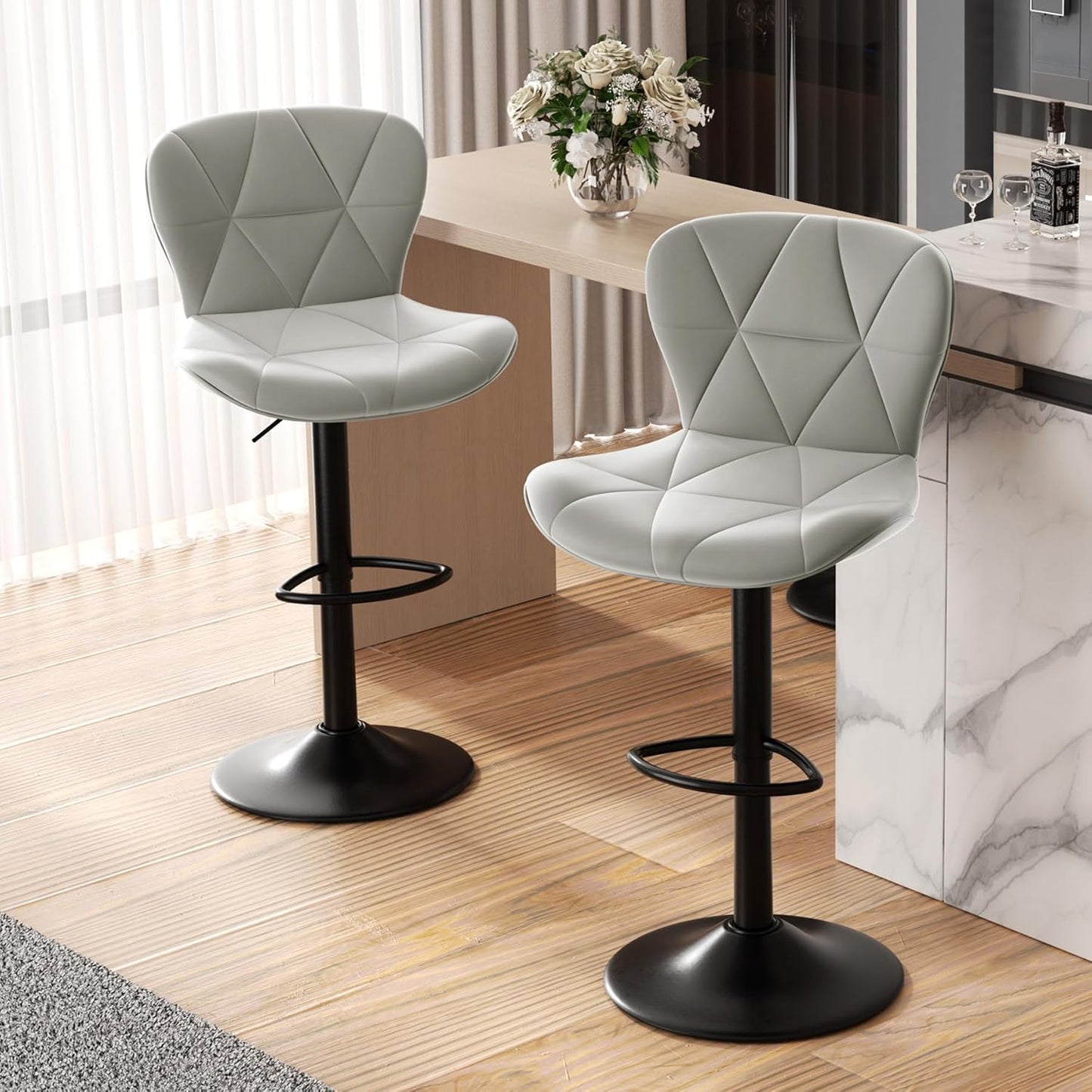 Black Swivel Bar Stools Set of 2 Adjustable Faux Leather Kitchen Chairs