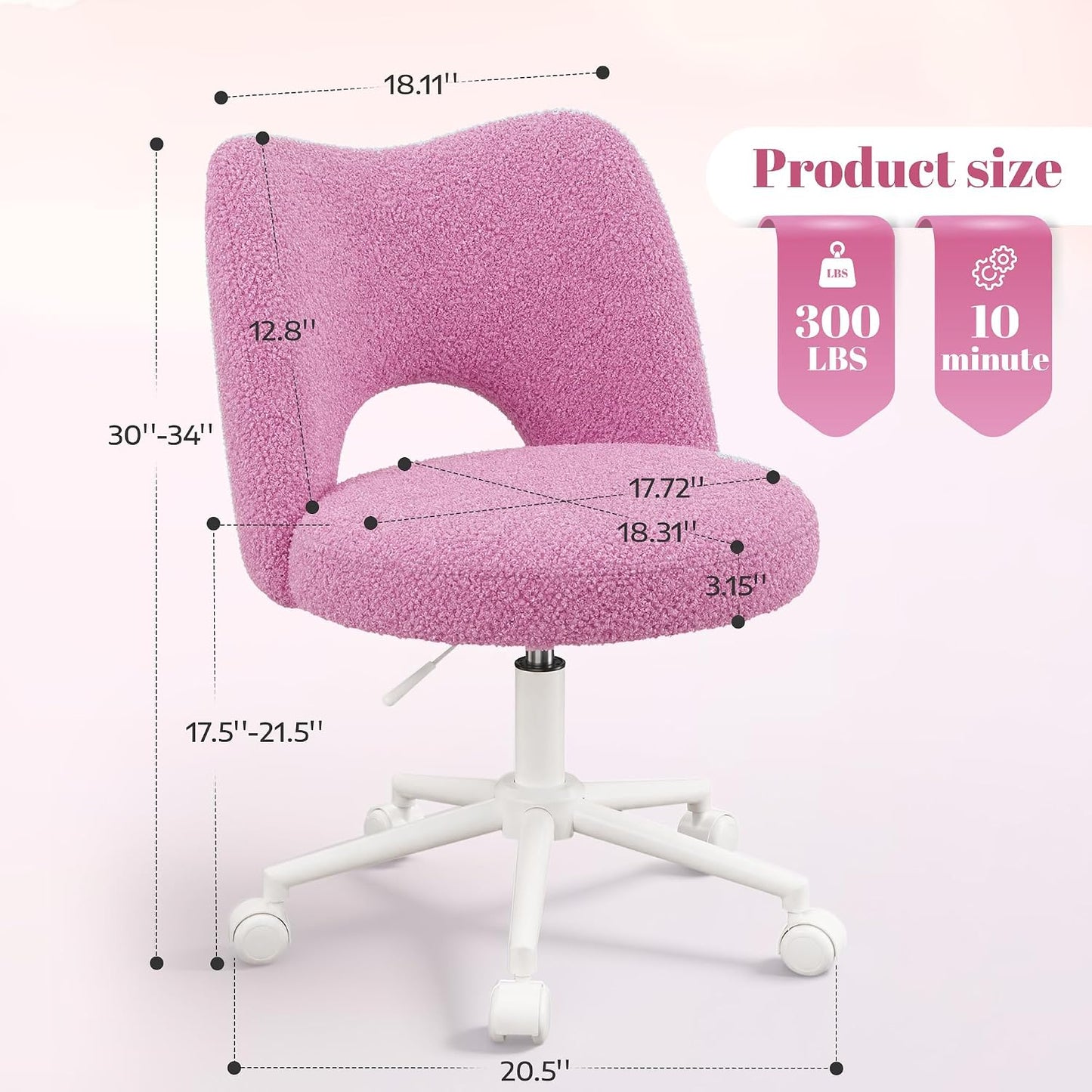 White Teddy Vanity Chair Armless Adjustable Swivel Desk Chair with Wheels