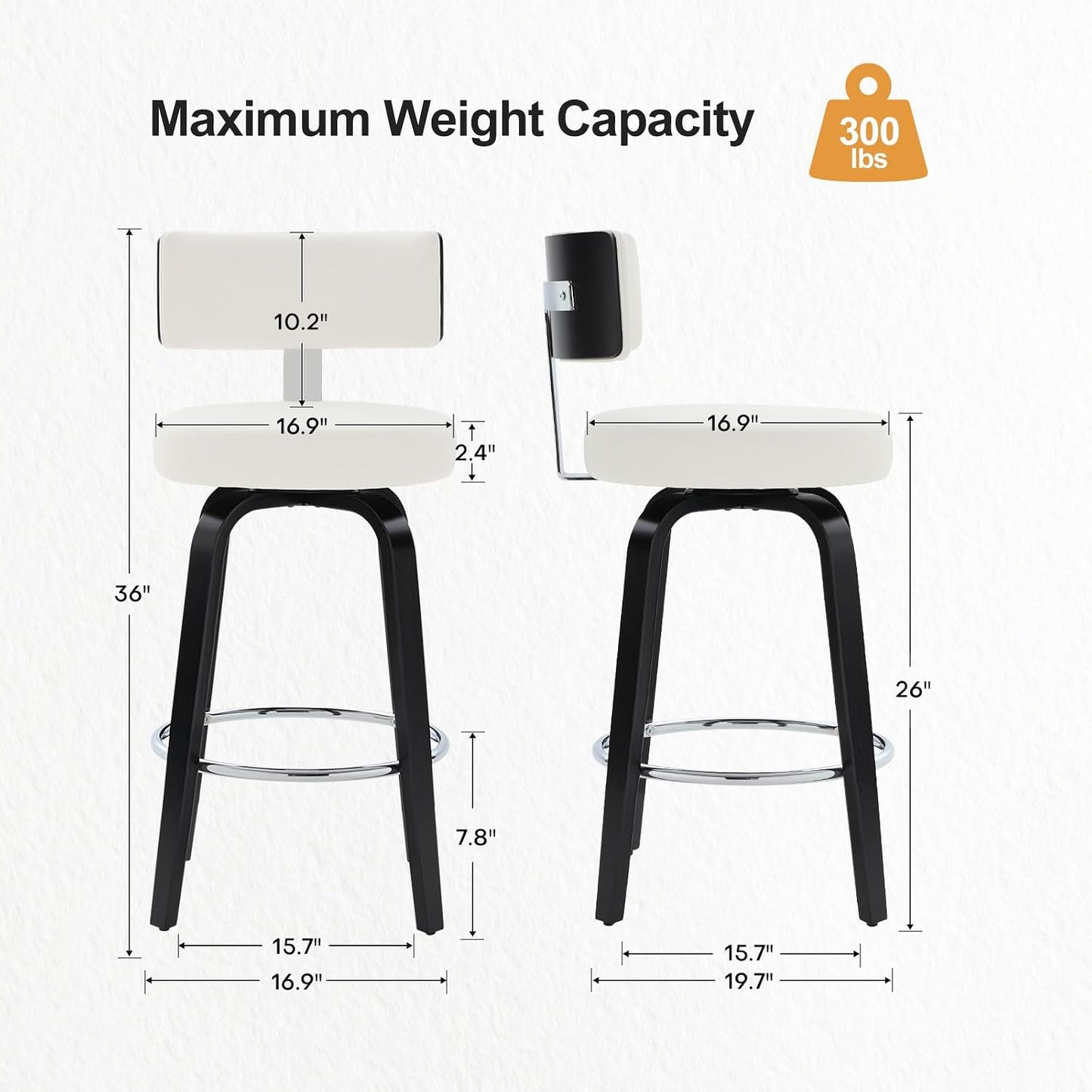 White Swivel Counter Stools Set of 2 Walnut Kitchen Island Chairs