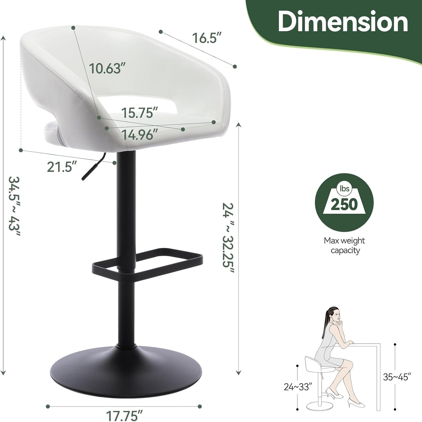 Black Adjustable Swivel Bar Stool Modern Faux Leather Counter Height Chair