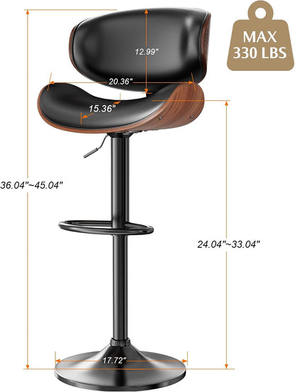 Adjustable Swivel Bar Stool Black PU Leather Walnut Bentwood Counter Chair