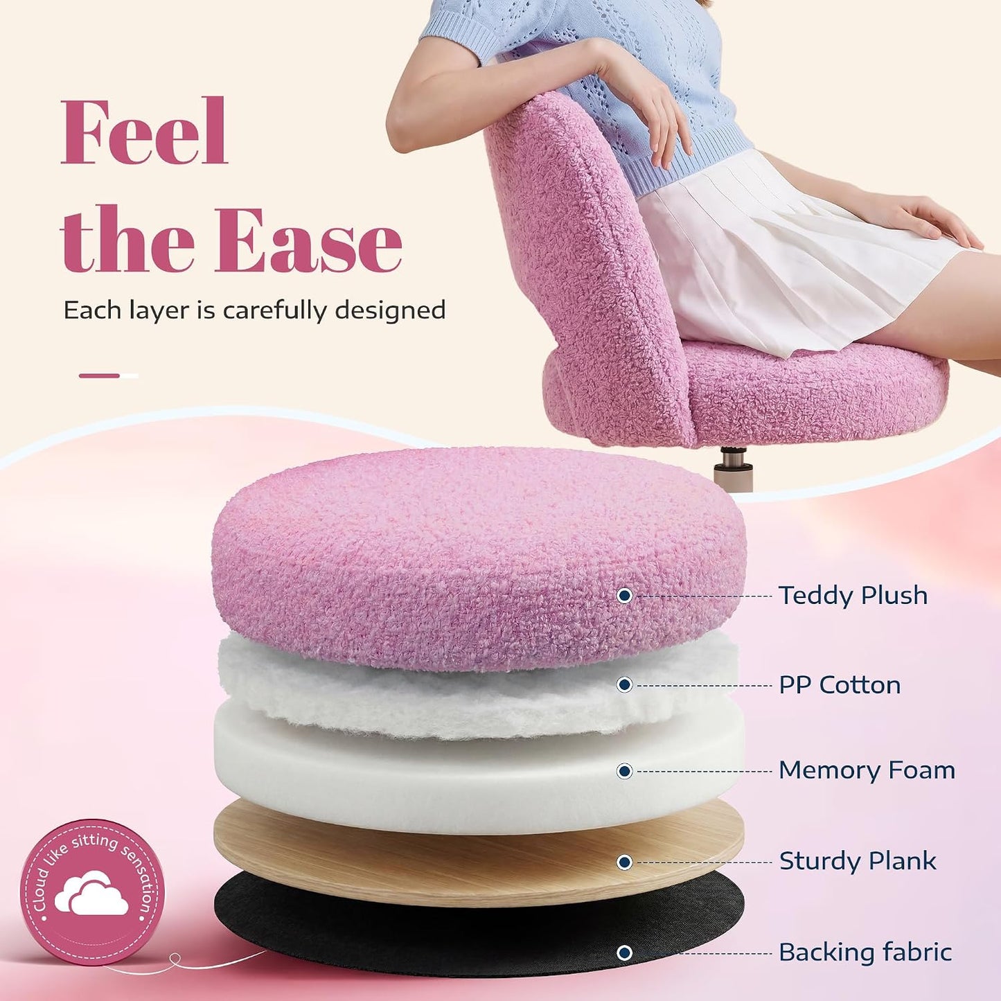 White Teddy Vanity Chair Armless Adjustable Swivel Desk Chair with Wheels