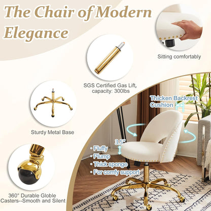 Navy Blue Velvet Office Chair Gold Swivel Rolling Vanity Desk Chair