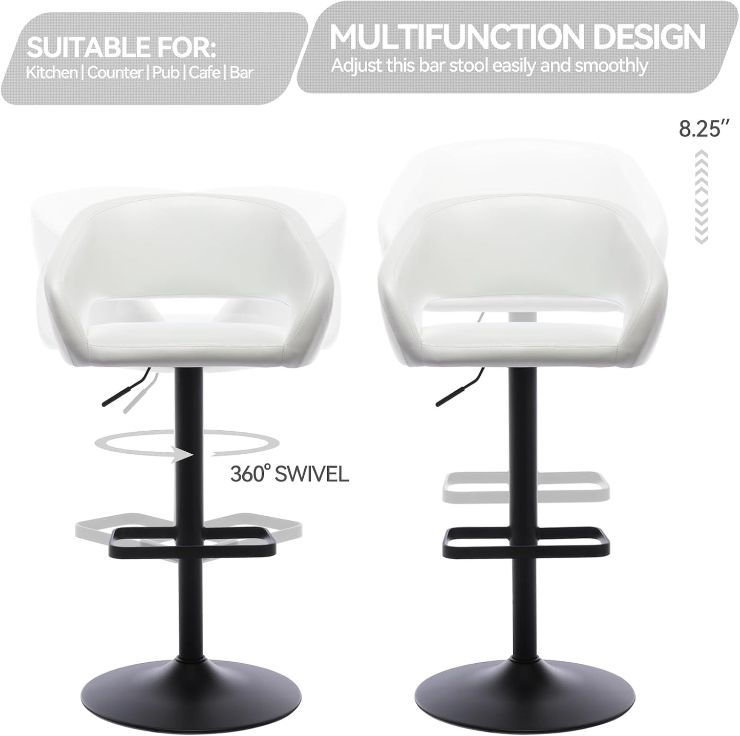 Black Adjustable Swivel Bar Stool Modern Faux Leather Counter Height Chair