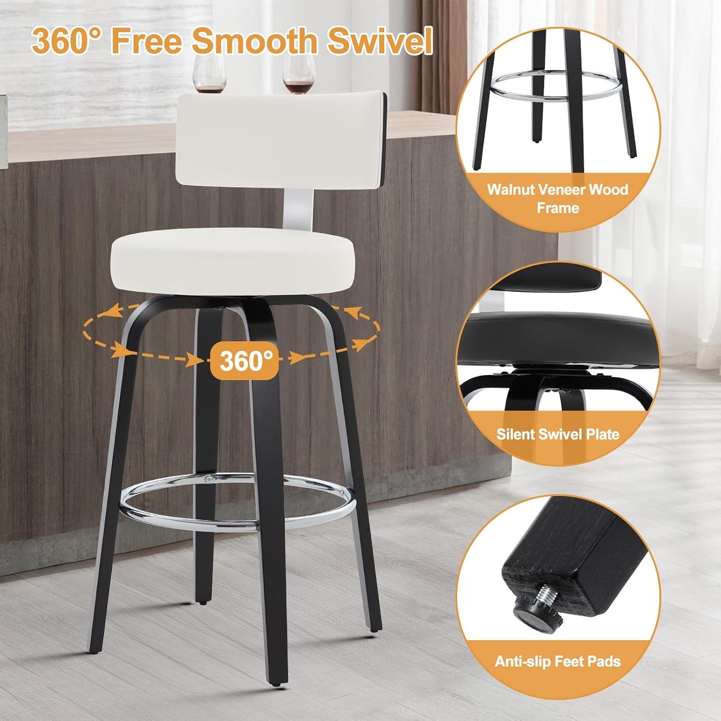 White Swivel Counter Stools Set of 2 Walnut Kitchen Island Chairs
