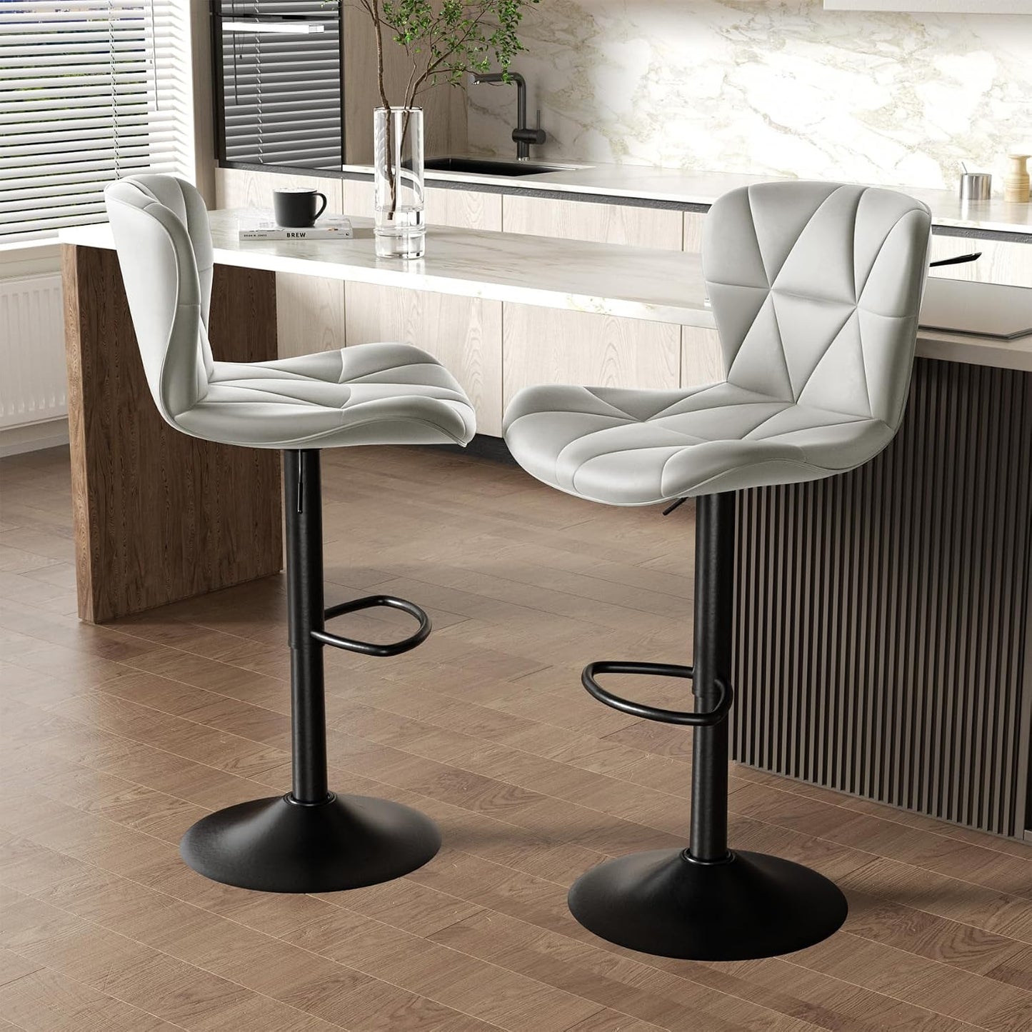 Black Swivel Bar Stools Set of 2 Adjustable Faux Leather Kitchen Chairs