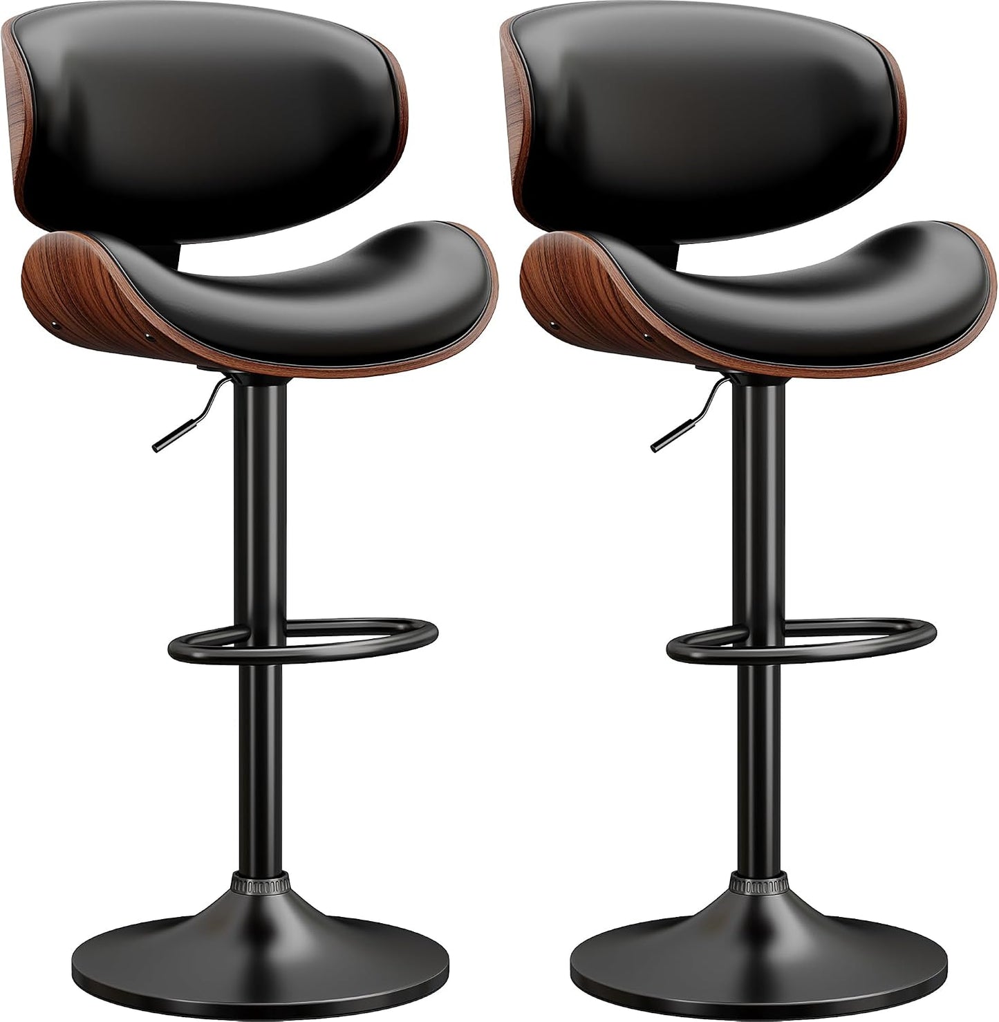 Adjustable Swivel Bar Stool Black PU Leather Walnut Bentwood Counter Chair