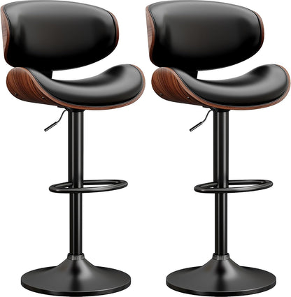 Adjustable Swivel Bar Stool Black PU Leather Walnut Bentwood Counter Chair