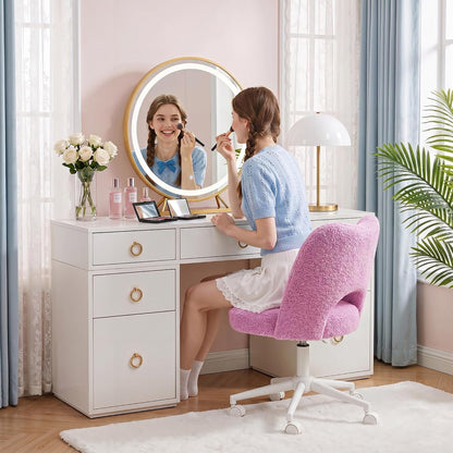 White Teddy Vanity Chair Armless Adjustable Swivel Desk Chair with Wheels