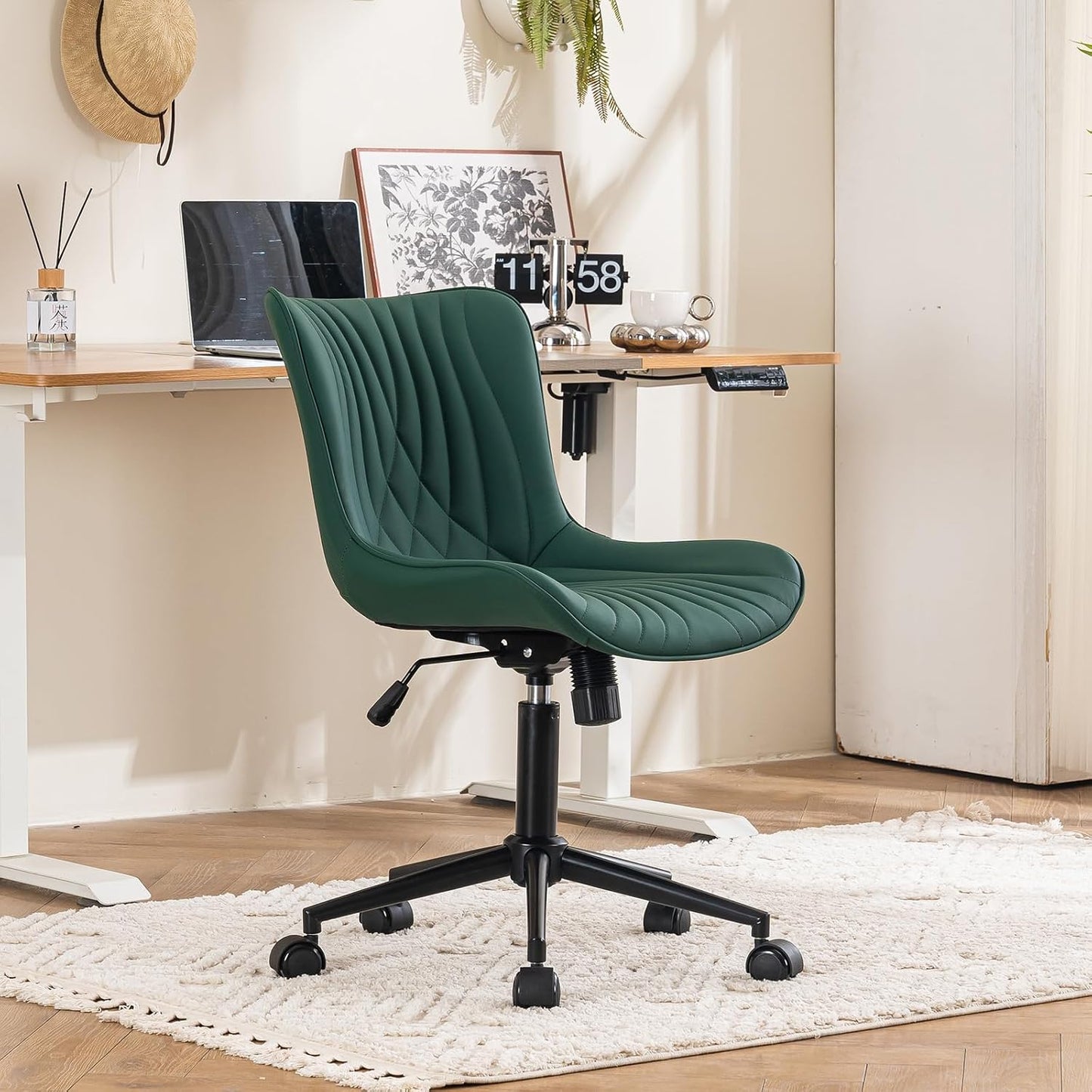 Brown Faux Leather Office Chair Adjustable Swivel Rolling Armless Desk Chair
