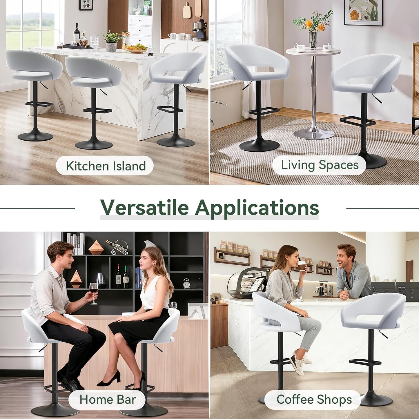 Black Adjustable Swivel Bar Stool Modern Faux Leather Counter Height Chair