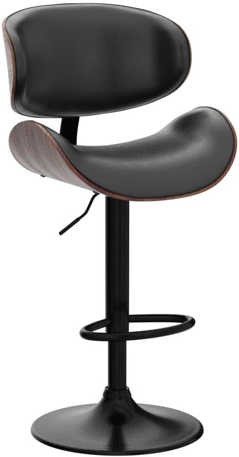 Adjustable Swivel Bar Stool Black PU Leather Walnut Bentwood Counter Chair