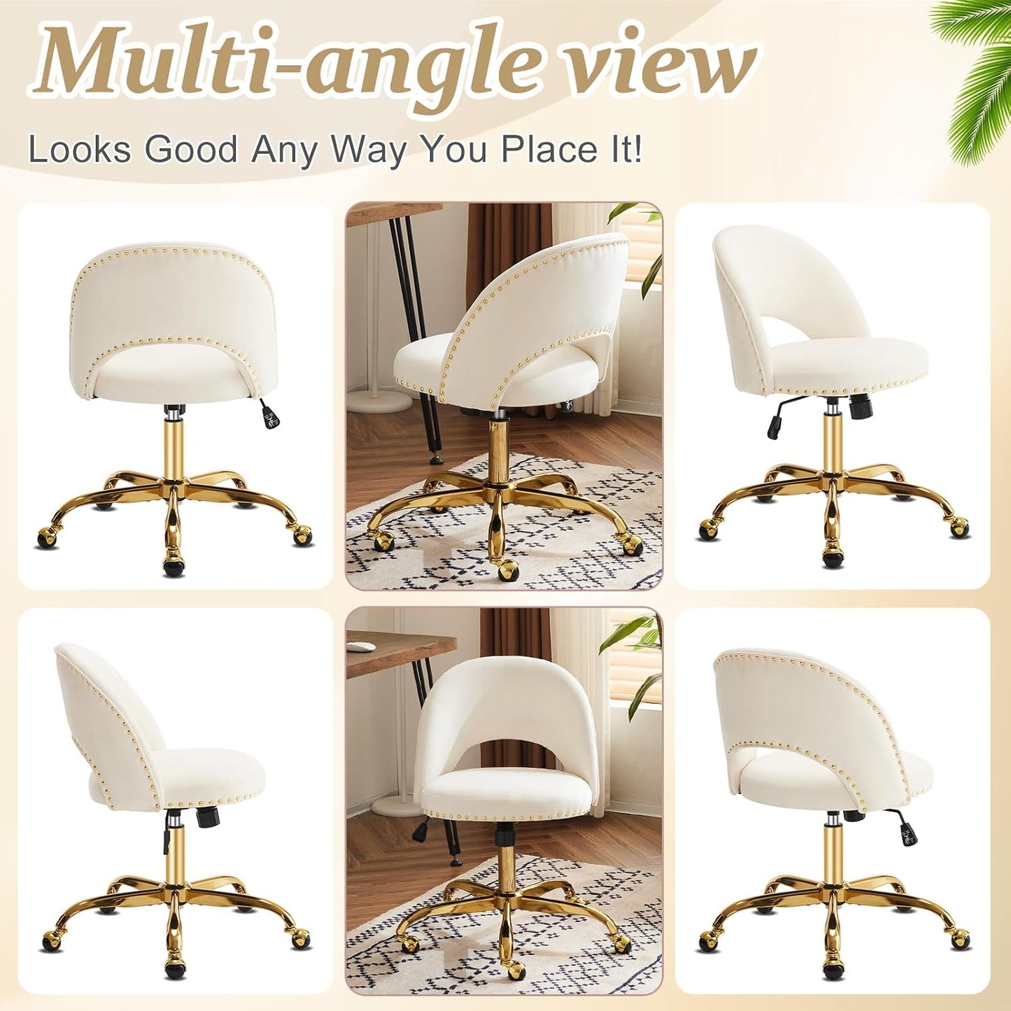 Navy Blue Velvet Office Chair Gold Swivel Rolling Vanity Desk Chair