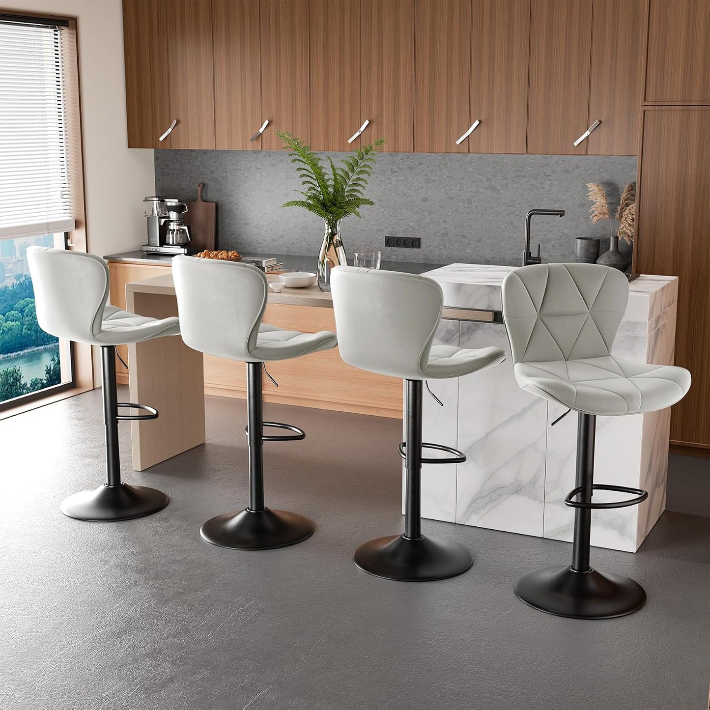 Black Swivel Bar Stools Set of 2 Adjustable Faux Leather Kitchen Chairs