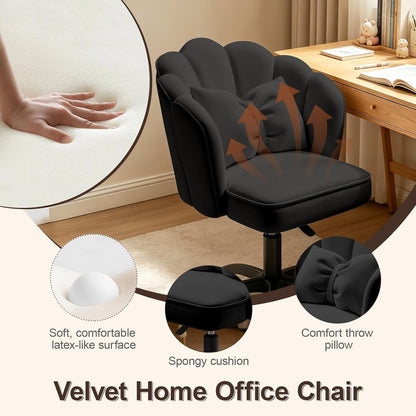 Purple Velvet Petal Vanity Chair Swivel Rolling Desk Chair with Bow Cushion